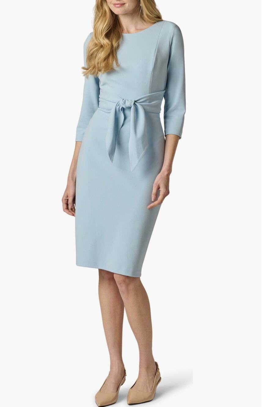 Adrianna Papell Knit Crepe Tie Waist Sheath Dress in Blue Mist - Size 8, NWOT